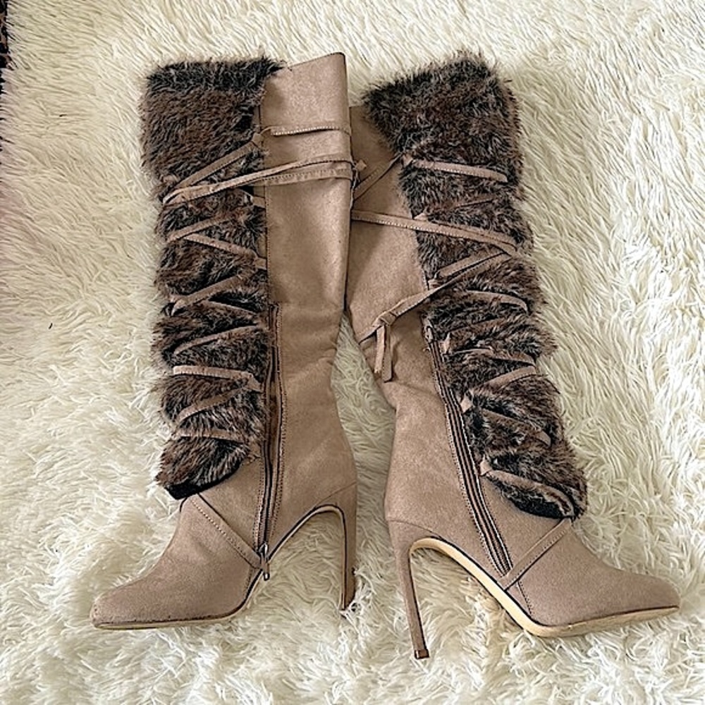 Suede Light Taupe Lace Up Faux Fur Boots - Picture 13 of 17